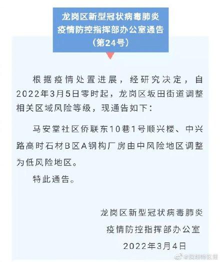 深圳市龙岗区两街道相关风险区调整