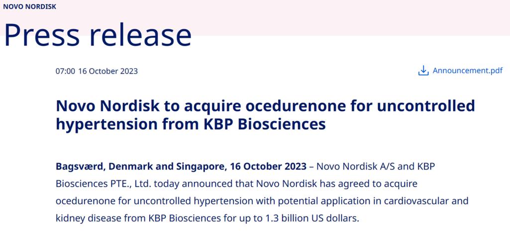 诺和诺德将以至多13亿美元从KBP Biosciences收购ocedurenone